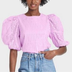A New Day Lavendar Purple Puff Sleeve Boxy Eyelet Blouse Light Pink Purple S